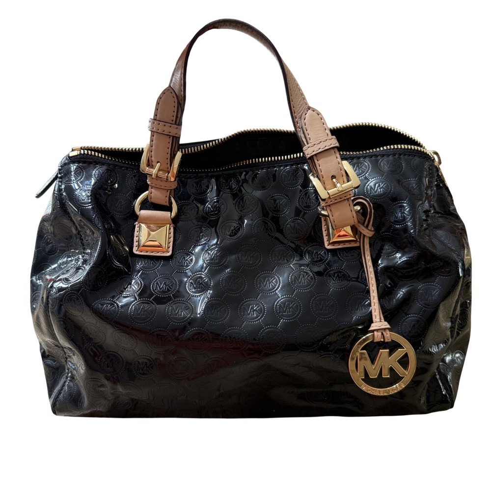 Michael Kors Grayson Black Patent Leather Monogram Satchel Handbag Gold Hardware